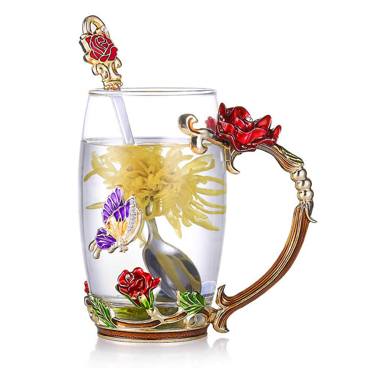 Emalje Rose Glass Tekopp Sett (Med Skje) | Luvikno