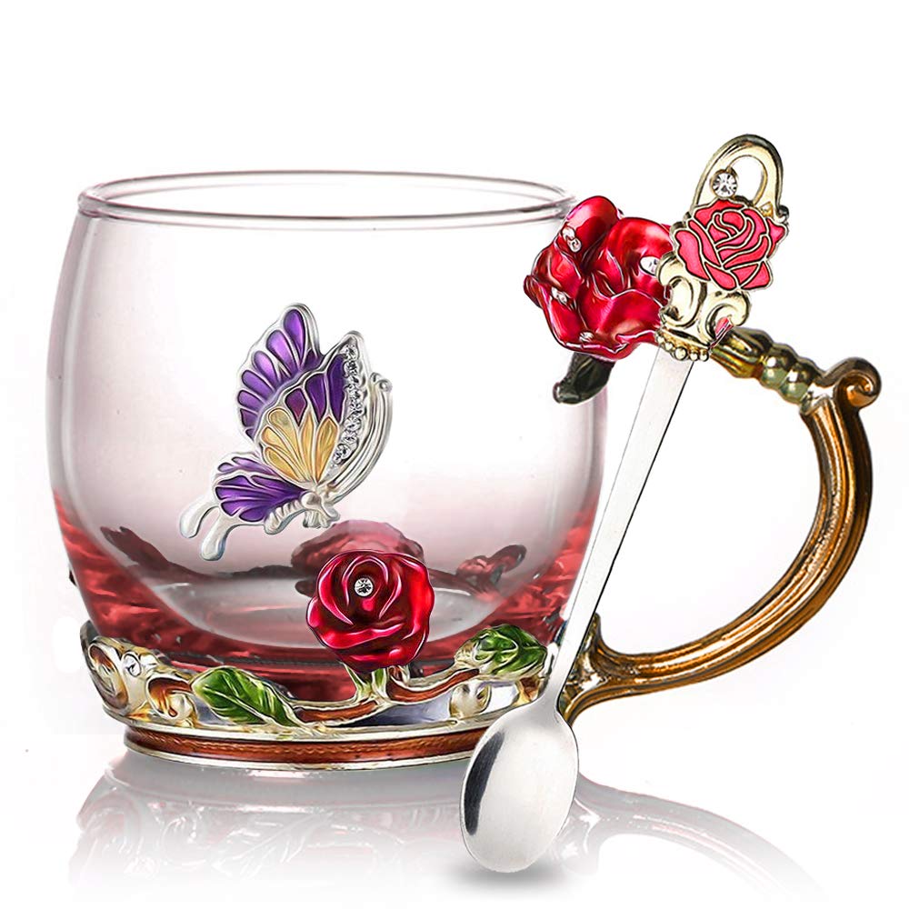 Emalje Rose Glass Tekopp Sett (Med Skje) | Luvikno