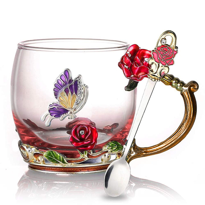 Emalje Rose Glass Tekopp Sett (Med Skje) | Luvikno
