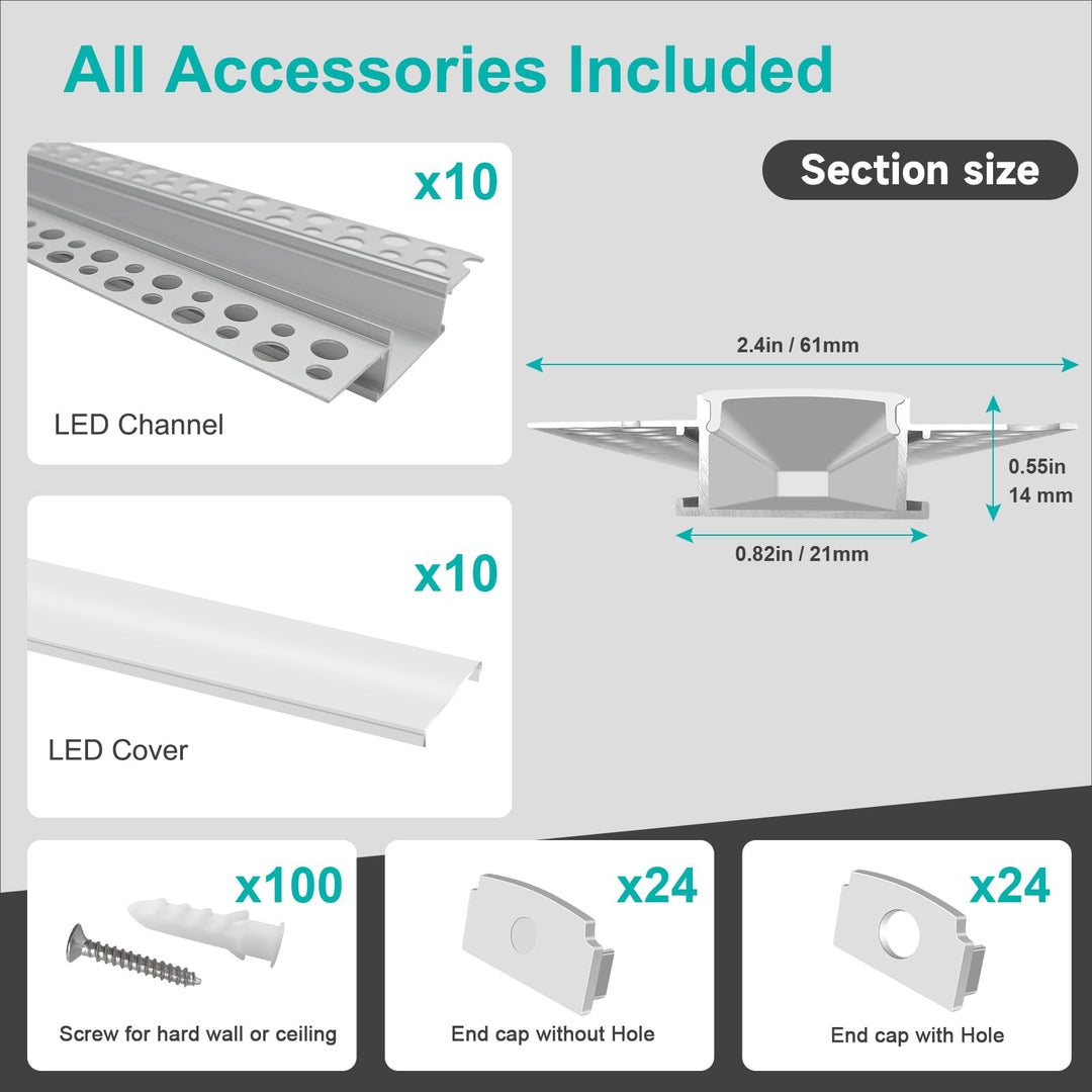 Luvikno | Hunhun 10-Pack 6.6Ft Led Aluminium Kanal Med Diffuser, Trimless Innfelt Belysning, Sølv
