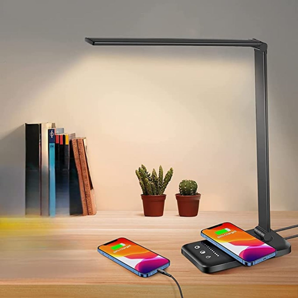 LED bordlampe med USB-ladeport - 5 lysinnstillinger og dimbar lysstyrke for skrivebord og lesing | Luvikno
