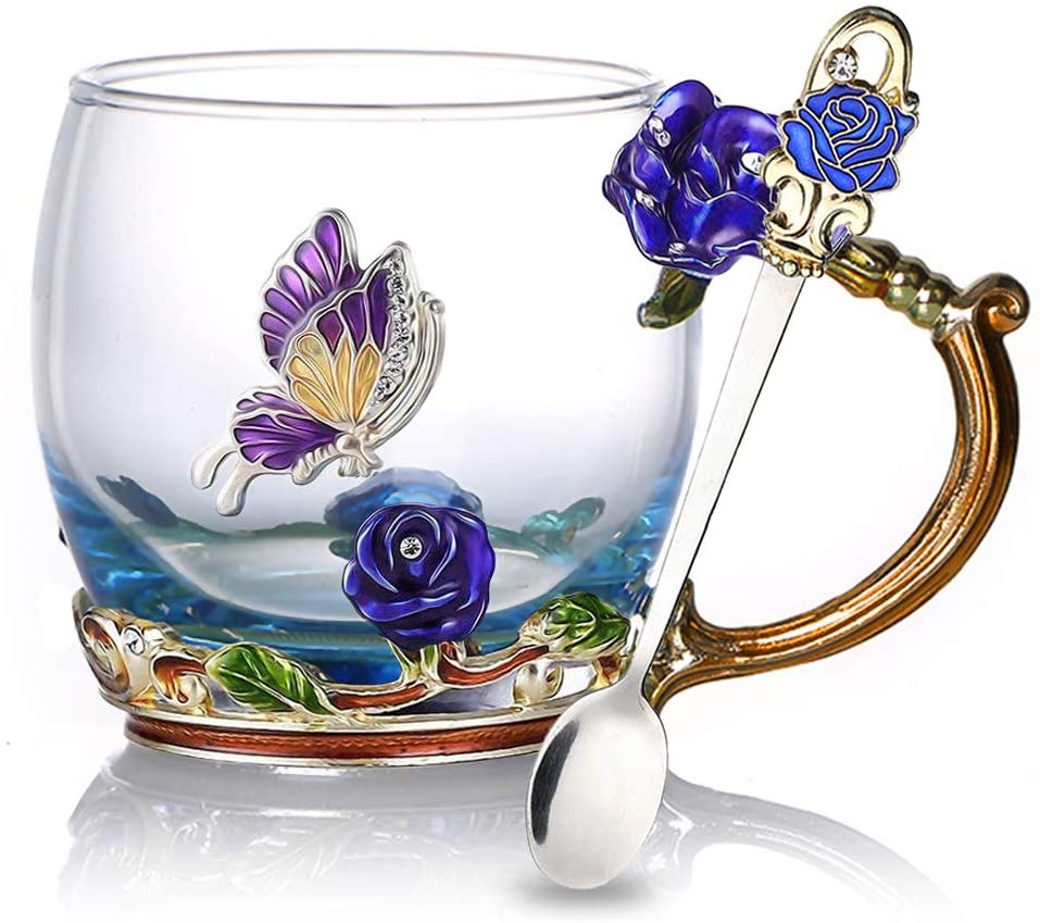 Emalje Rose Glass Tekopp Sett (Med Skje) | Luvikno