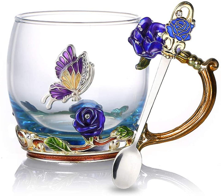 Emalje Rose Glass Tekopp Sett (Med Skje) | Luvikno