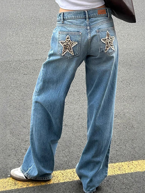 Luvik | Retro Leopardtrykk Stjerne Boyfriend Jeans