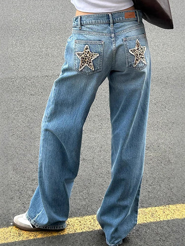 Luvik | Retro Leopardtrykk Stjerne Boyfriend Jeans