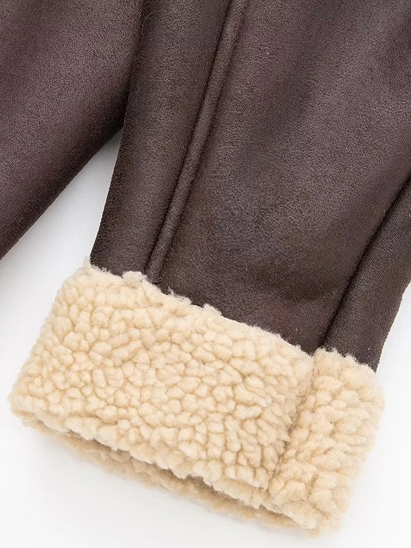 Luvik | Ruskea lammasvillavuorattu nahkasaumakärki lyhyt takki