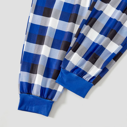 Luvik | "Joulu Crew" ja Puiden Sininen Pitkähihaiset Paidat Sinisillä ja Valkoisilla ja Mustilla Ruudullisilla Housuilla Perheelle Sopivat Pyjamat