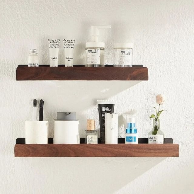 Luvikno | Solid Wood Bathroom Shelf – No-Drill Veggmontert Badeorganisator