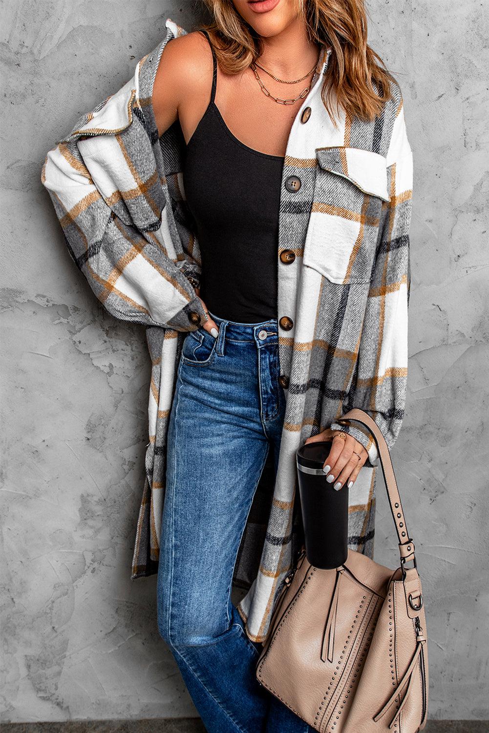 Luvik | Lang rutet manteau med sideknapper