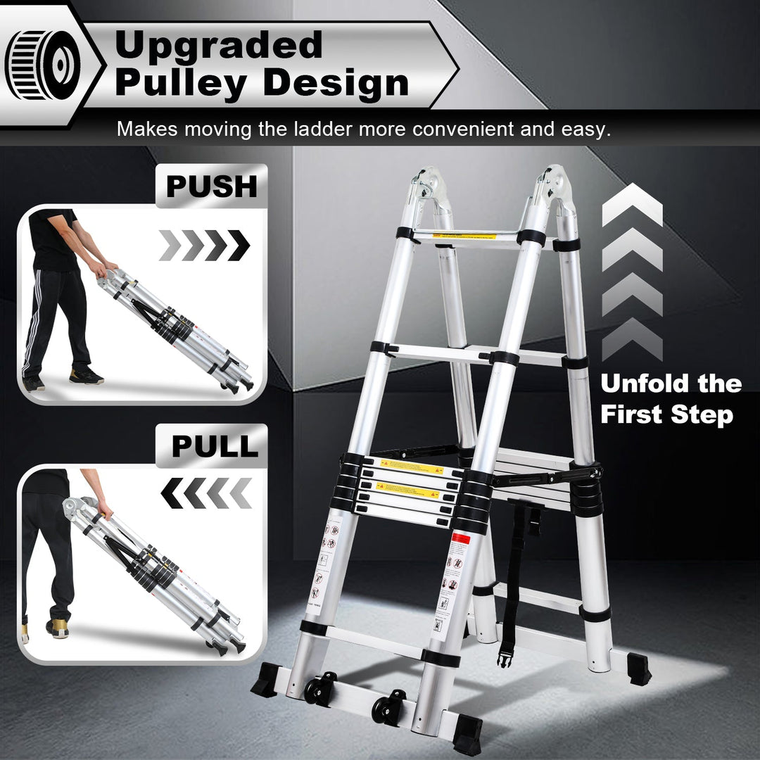 5M Aluminium Teleskopstiger Foldestiger med Hjul og Triangel Stabiliserer | Luvikno
