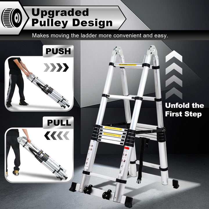 5M Aluminium Teleskopstiger Foldestiger med Hjul og Triangel Stabiliserer | Luvikno