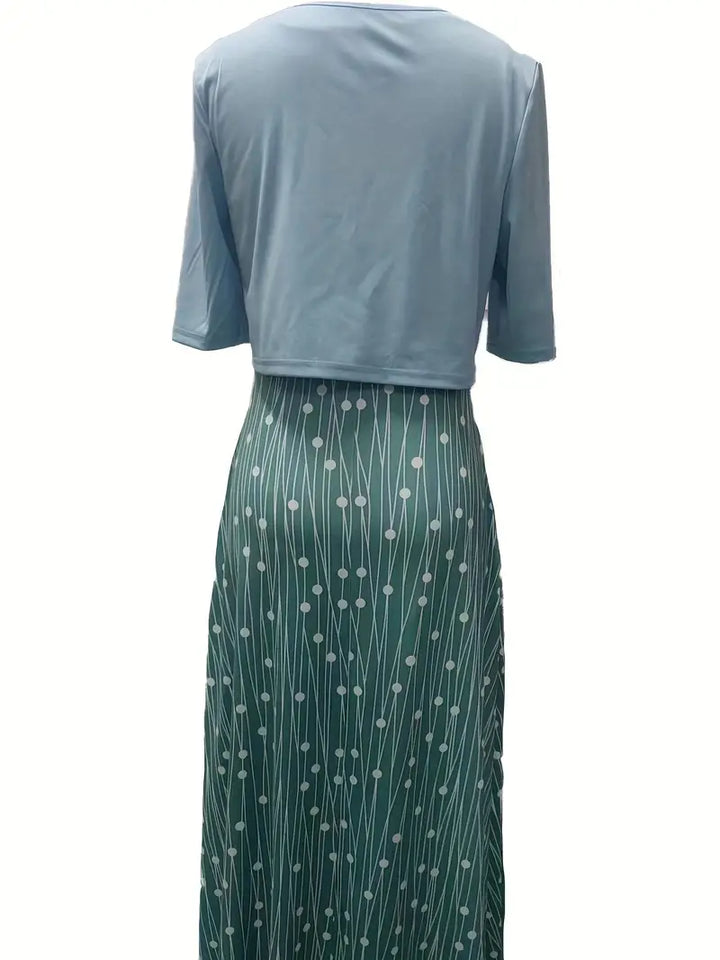 Luvik | tyylikäs kahden osan kukkamekko setti, jossa on yksivärinen crop-top ja pyöreä kauluskangas mekko