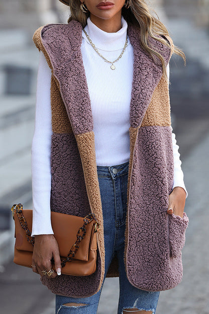 Luvik | Olkaimeton Colorblock-taskuton Keskipitkä Cardigan Puff-Velour-takki