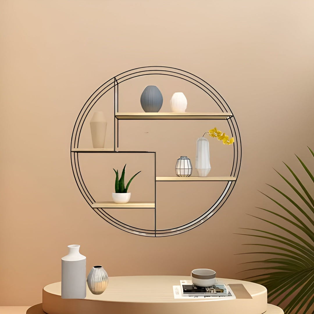 Rund Vegg hylle med 4 nivåer - Retro design laget av tre og metall | Dekorativ hengende hylle for stue, bad og soverom | Luvikno