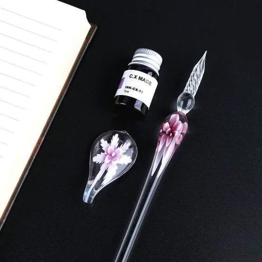 Glass fountain pen with ink and pen holder | Luvikno