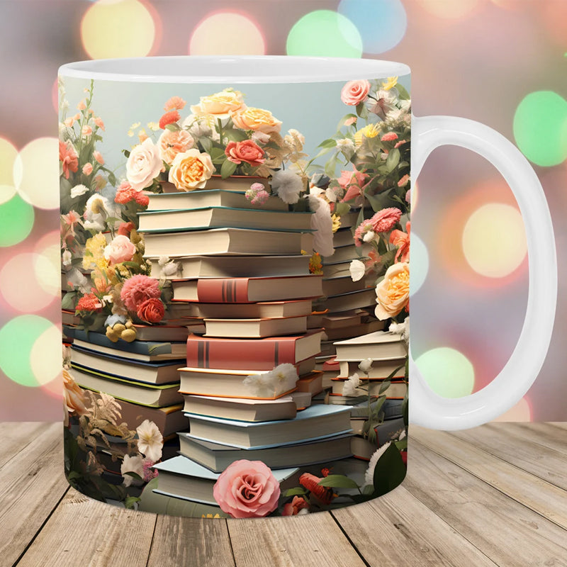 3D Kunstnerisk Vakker Floral Bøker Kaffe Krus - Bokelsker Gave | Luvikno