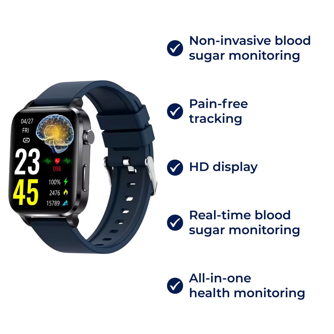 GlucoWell | Ikke-invasiv diabetes-smartklokke – Blodsukkermåler – HD-skjerm – Smertefri glukoseovervåking for voksne Luvikno