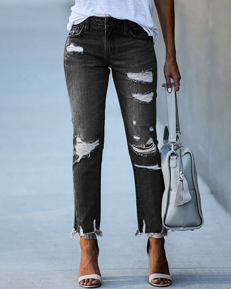 Luvik | Kvinner Rutete Hullet Jeans Denim
