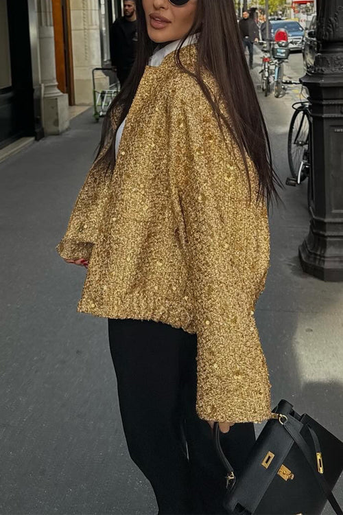 Luvik | Pystykauluksen vetoketjulla varustettu taskujakku, jossa on paljetteja