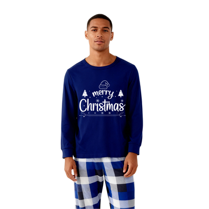 Luvik | "Merry Christmas" Teksti Painettu Sinisiä ja Valkoisia Ruudullisia Perhesetti Pyjamat
