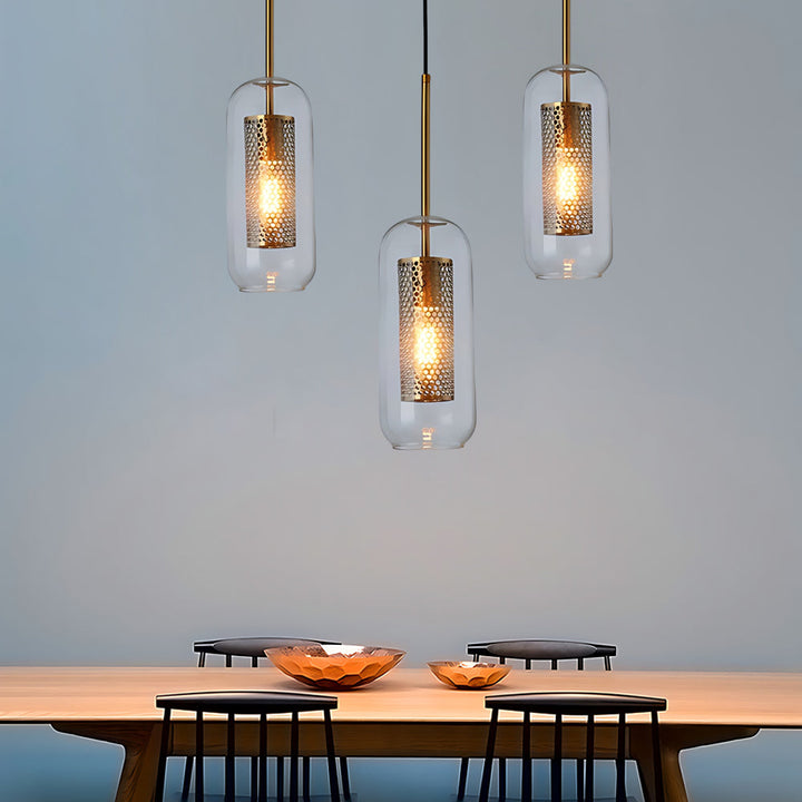 Vintage industriell pendellampe med rund glass og gull – LED pendellampe for spisestue og stue | Luvikno