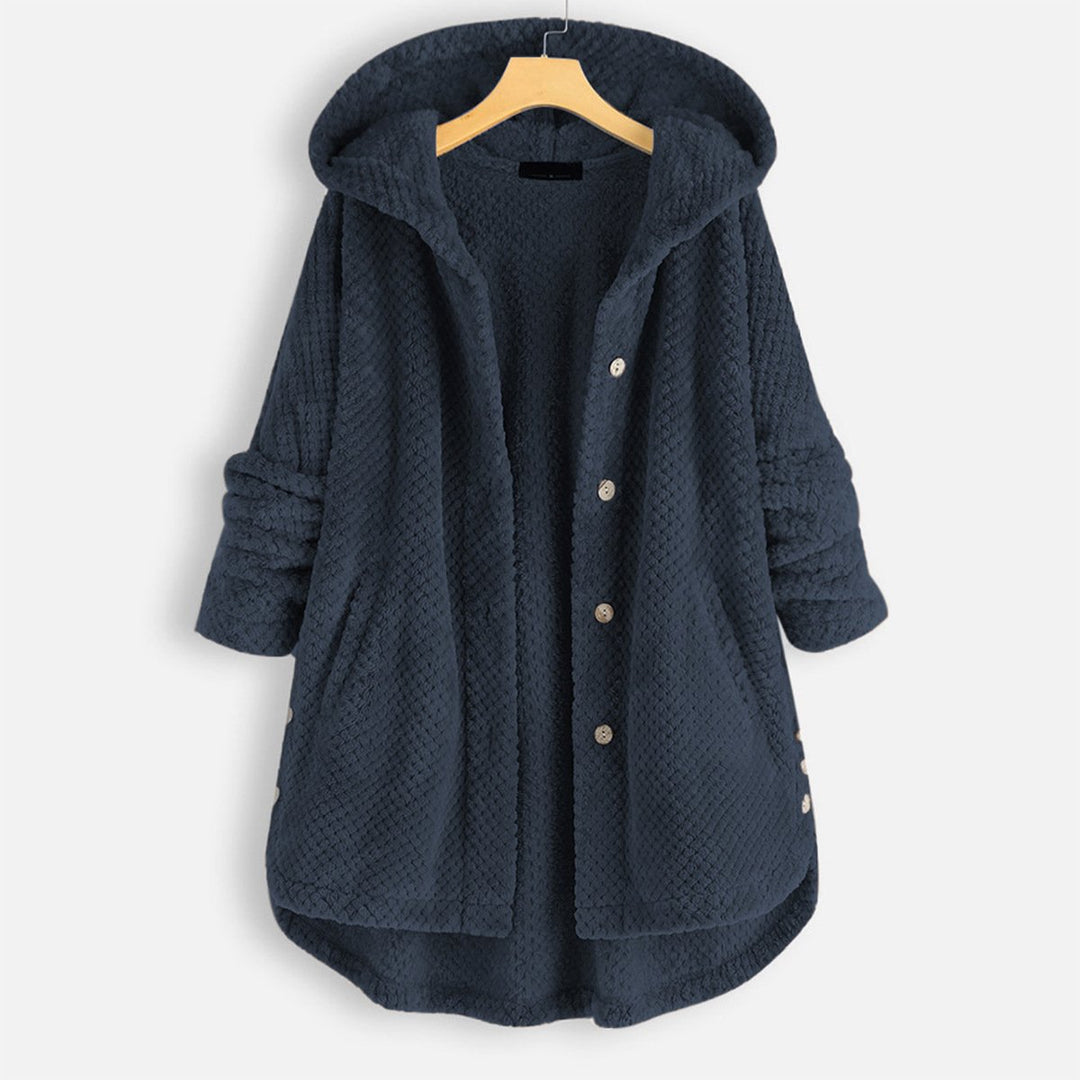 Puolipitkä, käännettävä fleece-takki hupulla talveksi