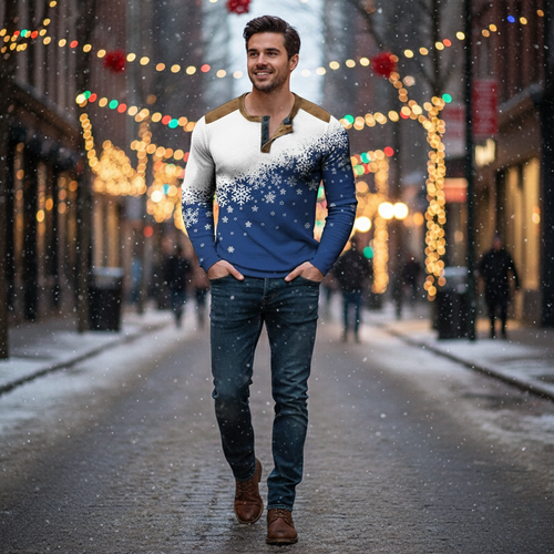 Christmas Snøfnugg Gradient 3D Print Henley Skjorte for Menn Luvikno
