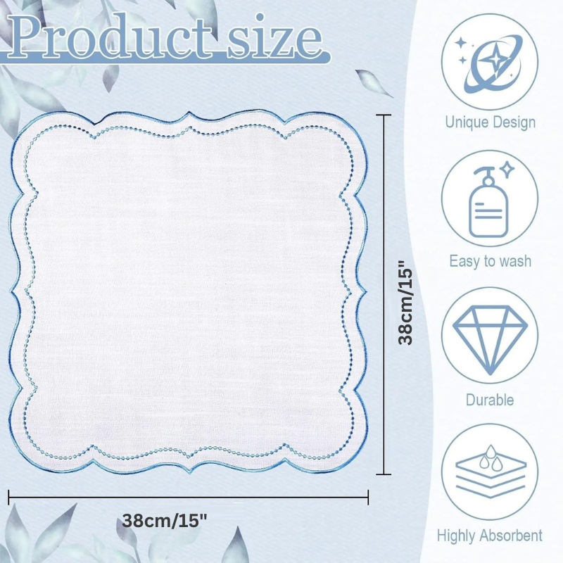 6stk Bomullslerret Brodert Serviett Scalloped Edge Bordservietter | Luvikno