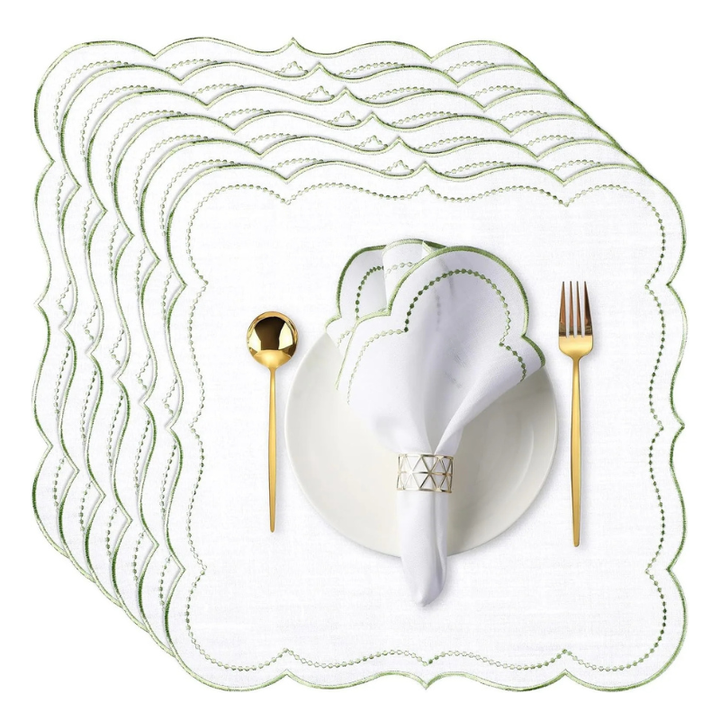 6stk Bomullslerret Brodert Serviett Scalloped Edge Bordservietter | Luvikno