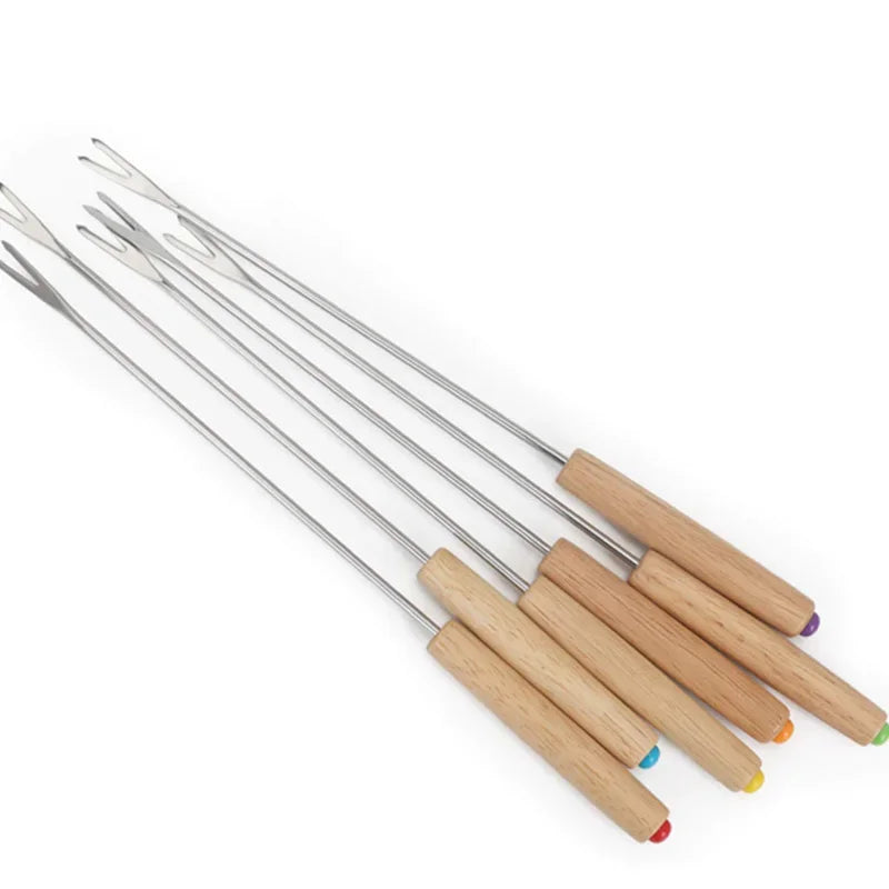 6Pcs Rustfritt Stål Gafler med Trehåndtak for BBQ Leirbål Grill | Luvikno