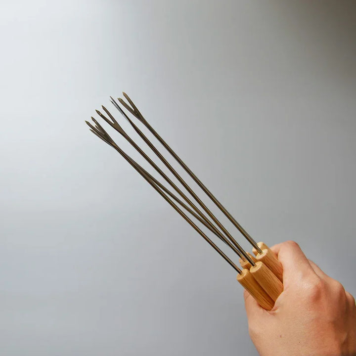 6 stk rustfrie stål gafler med trehåndtak for BBQ leirbål grill | Luvikno