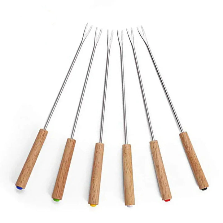 6 stk rustfrie stål gafler med trehåndtak for BBQ leirbål grill | Luvikno