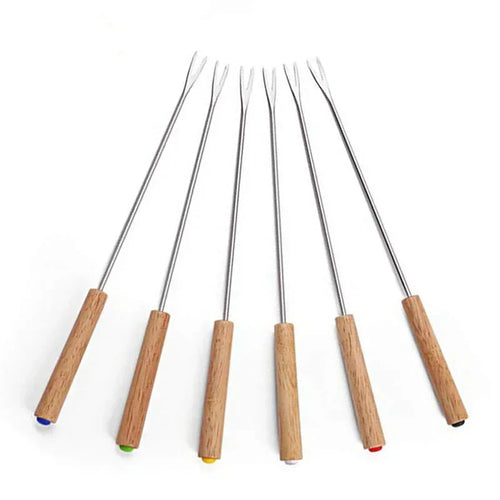6 stk rustfrie stål gafler med trehåndtak for BBQ leirbål grill | Luvikno