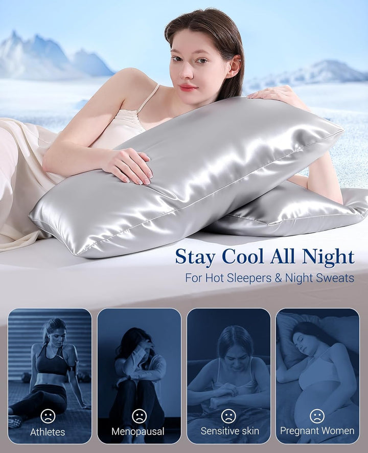 Kjølepillowcases Q-max>0.5, 2-Pack, Myk & Hårvennlig - Sølvgrå | Luvikno