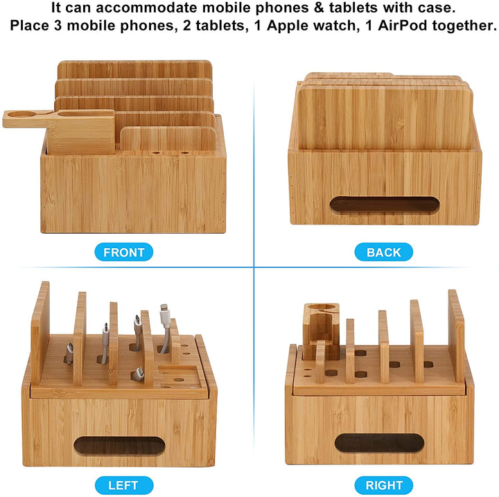 Luvikno | Tekavo ChargeDock LadeStasjon laget av Bambus | 5-Port USB & Organizer | For Smarttelefon, Nettbrett & Smartklokke | Inkl. Kabelsett
