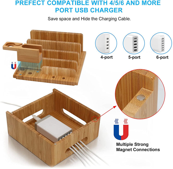 Luvikno | Tekavo ChargeDock LadeStasjon laget av Bambus | 5-Port USB & Organizer | For Smarttelefon, Nettbrett & Smartklokke | Inkl. Kabelsett