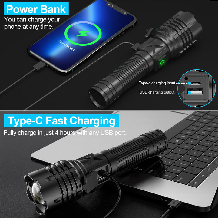 Luvikno | Banral 100000 lumen oppladbart lommelampe, Ipx6 vanntett, 5 moduser, zoombar, aluminium