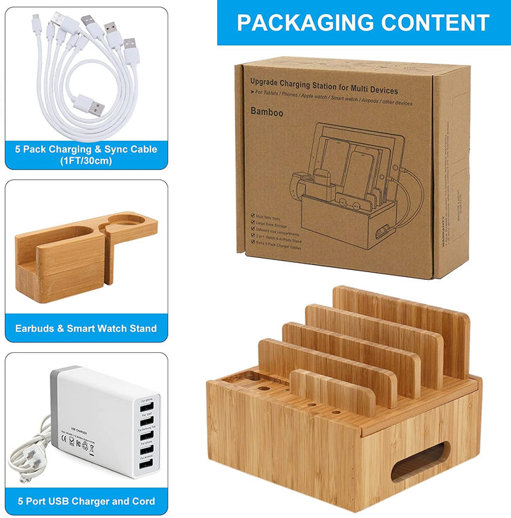 Luvikno | Tekavo ChargeDock LadeStasjon laget av Bambus | 5-Port USB & Organizer | For Smarttelefon, Nettbrett & Smartklokke | Inkl. Kabelsett