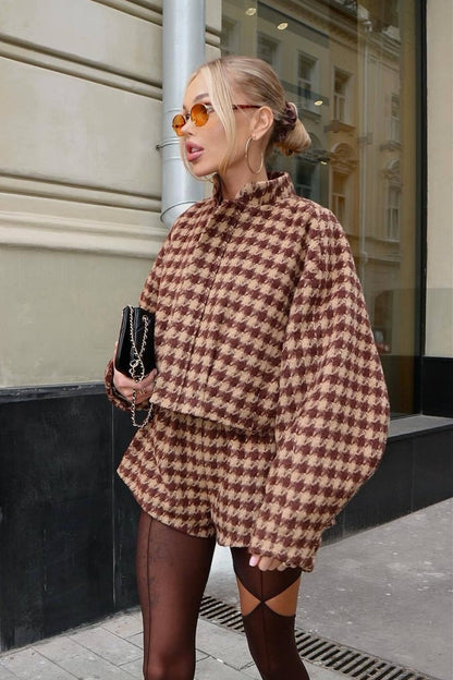 Luvik | Houndstooth Vetoketjullinen Takki ja Shortsit Kahden Osan Setti