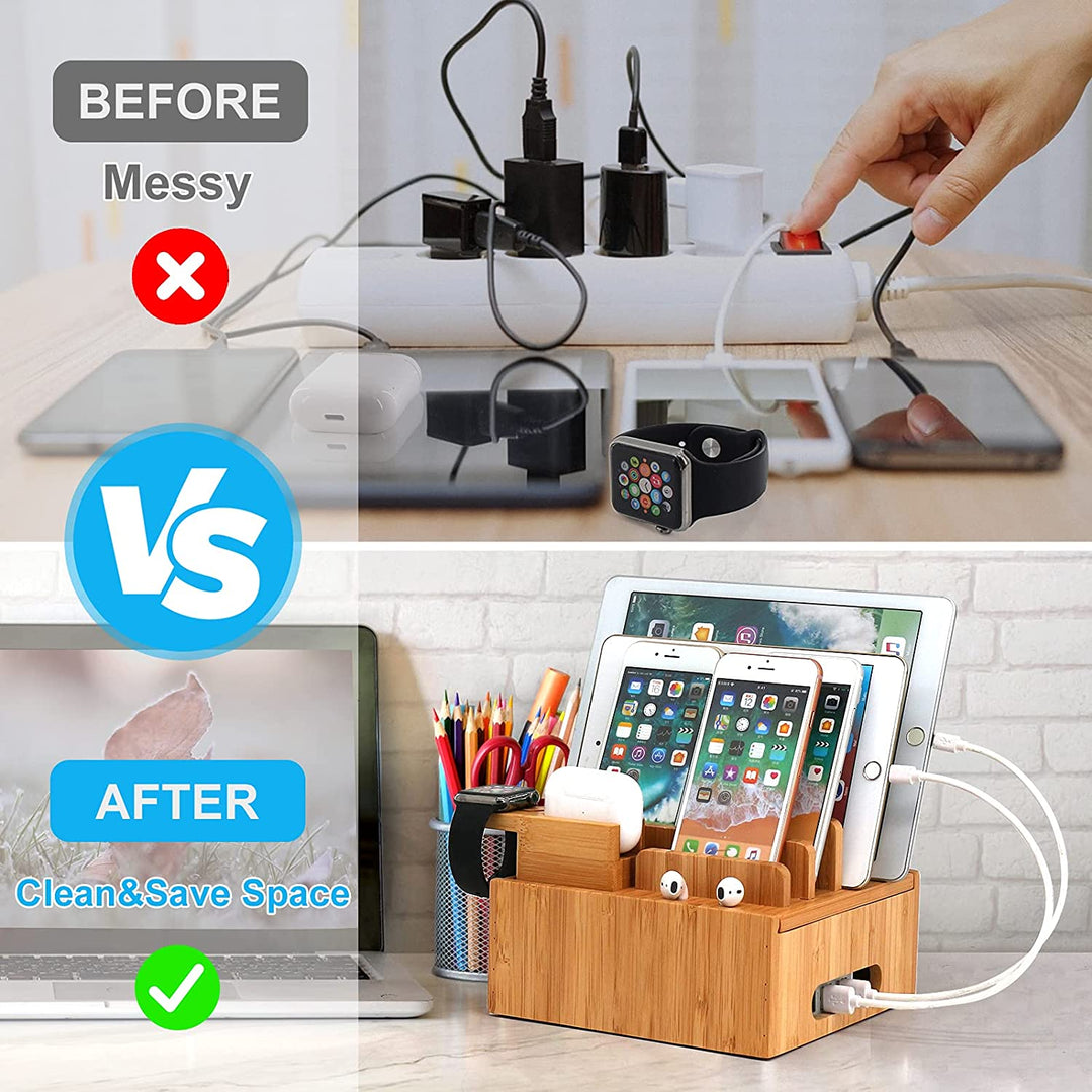 Luvikno | Tekavo ChargeDock LadeStasjon laget av Bambus | 5-Port USB & Organizer | For Smarttelefon, Nettbrett & Smartklokke | Inkl. Kabelsett