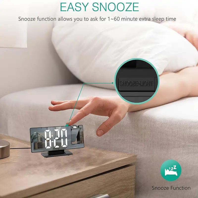 Luvikno | 180° Justerbar LED prosjektionsvekkerklokke – Snus, 12/24H Tid & Temperaturvisning, Speildesign – USB-drevet, Nattmodus & Minnefunksjon