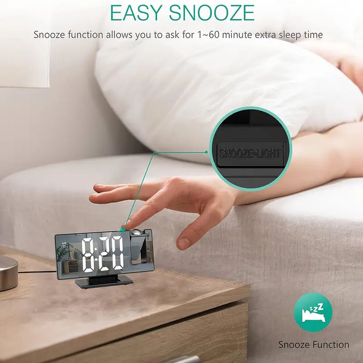 Luvikno | 180° Justerbar LED prosjektionsvekkerklokke – Snus, 12/24H Tid & Temperaturvisning, Speildesign – USB-drevet, Nattmodus & Minnefunksjon
