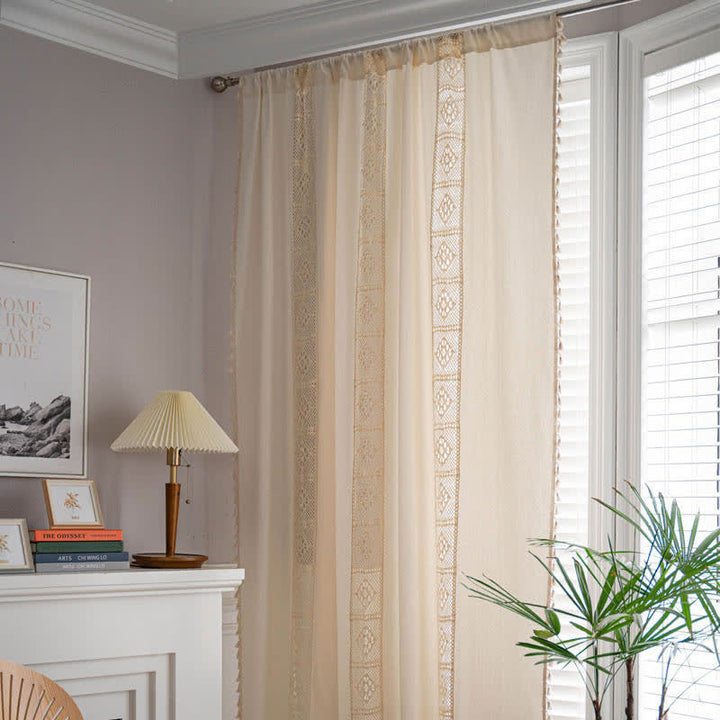 Beige Splicing Hollow-Out Lysfiltrerende Gardinsett | Luvikno