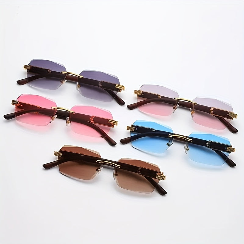 Rimless solbriller med rektangulære linser og faux tre templer – Verro | Luvikno