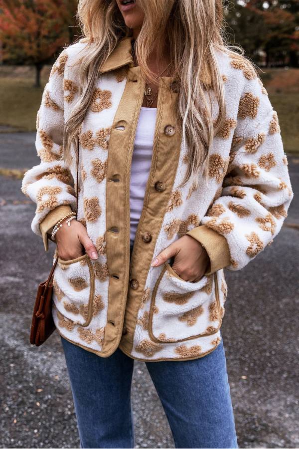 Luvik | Ranskalainen beige söpö kukkakuosi napitus fleece-takki