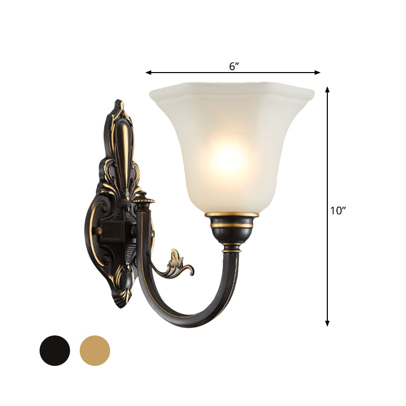 Bøyd arm korridor vegglampe tradisjonell metall 1/2-hode messing/svart og gull vegglys med bredet frostet glasskjerm | Luvikno