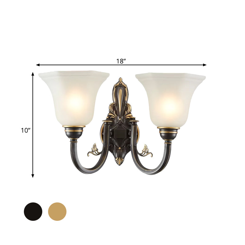 Bøyd arm korridor vegglampe tradisjonell metall 1/2-hode messing/svart og gull vegglys med bredet frostet glasskjerm | Luvikno