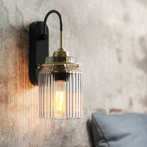 Klar prismatic glass kan form sconce farmhouse 1 pære bedside veggmontert lys i svart | Luvikno