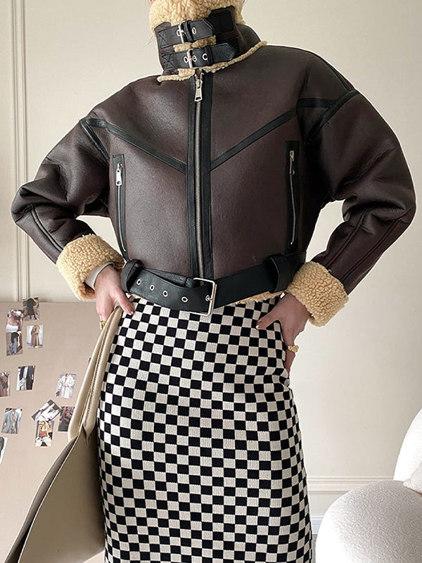 Luvik | Ruskea lammasvillavuorattu nahkasaumakärki lyhyt takki