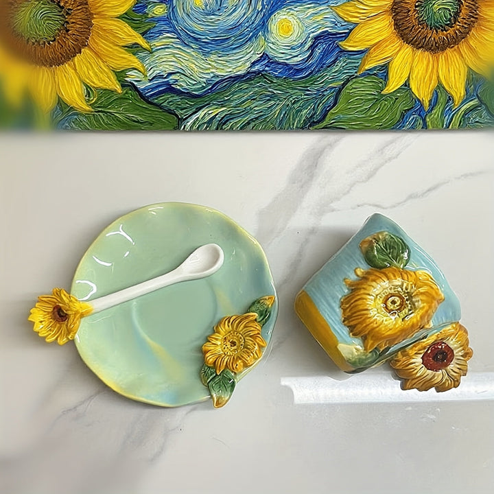 ArtSip Keramikkopp & Underskål Sett – Håndmalte 3D-design inspirert av Van Gogh | Luvikno